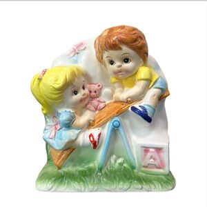 Vintage Relpo Japan Boy and Girl Playing Ceramic Planter